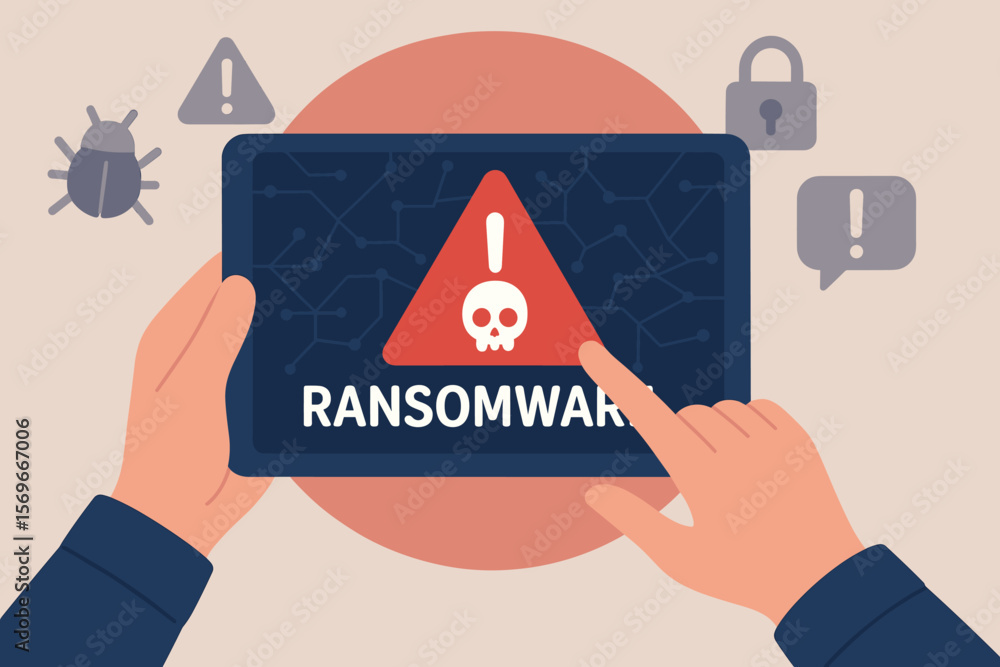 Poster ransomware cyber attack warning on tablet. malware virus alert notification. digital security threat