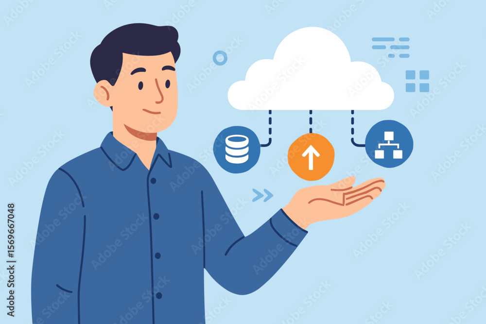 Poster businessman presenting cloud computing technology, network data storage, database management, digita