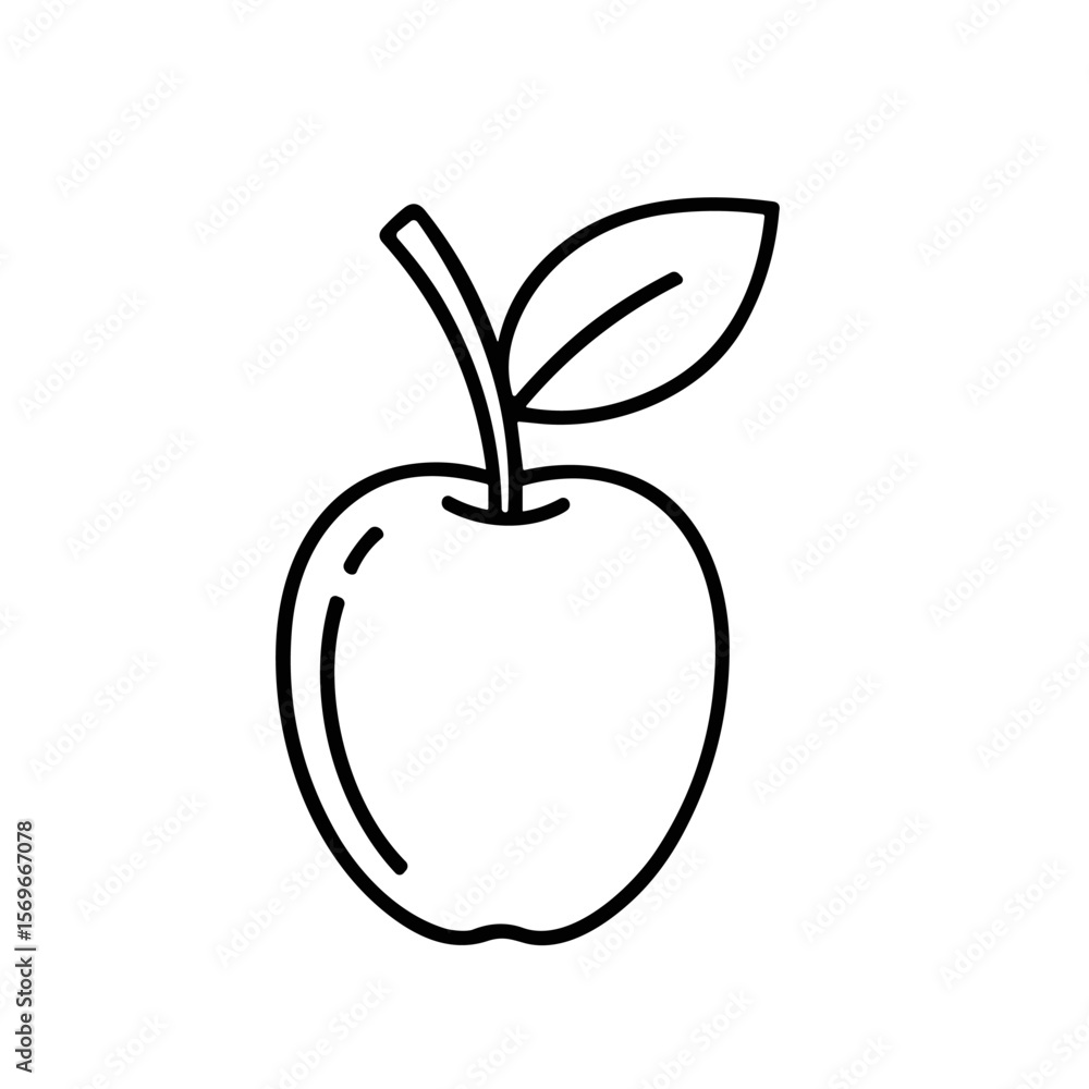 Poster simple line drawing of a single apple with leaf and stem.