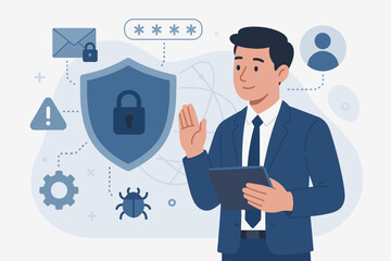 Businessman Demonstrates Cybersecurity Concept, Internet Data Protection, Virus Prevention, Secure Online Technology, Protecting Personal Information, Cyber Attack Security