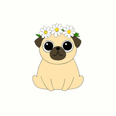 pug sitting with a flower crown 