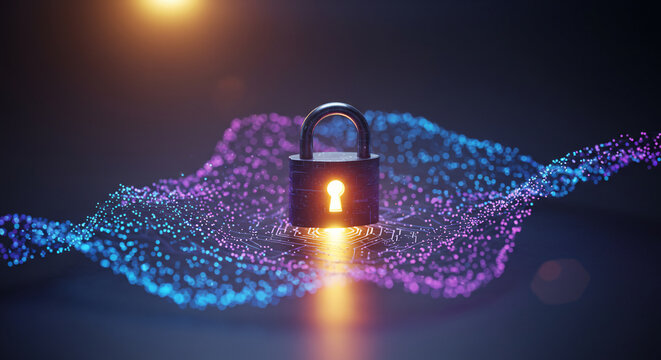 Futuristic glowing padlock launching with a digital wave symbolizing cybersecurity and network protection technology