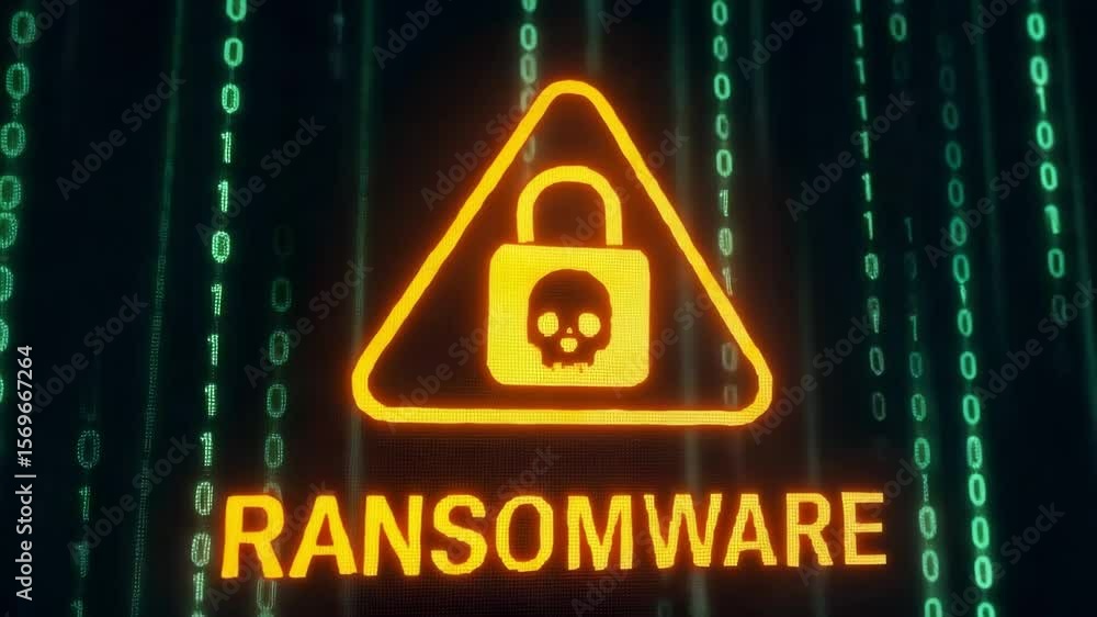 Poster an orange triangle with padlock skull glows among falling binary lines over the word ransomware. con