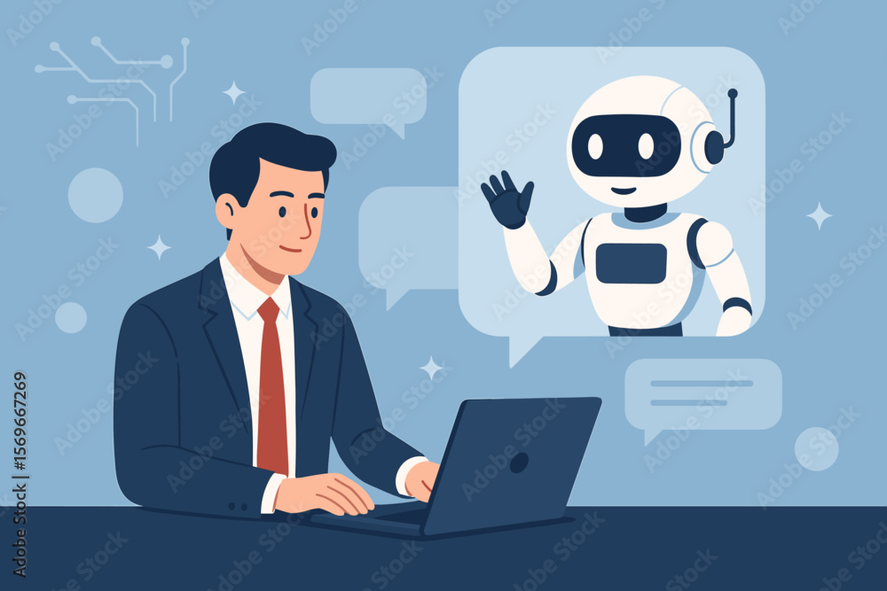 Poster businessman using laptop to chat with ai chatbot. man communicating with robot assistant. artificial