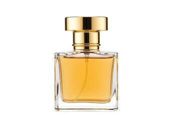 Elegant square glass perfume bottle with golden cap isolated on transparent background