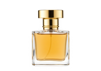 Elegant square glass perfume bottle with golden cap isolated on transparent background