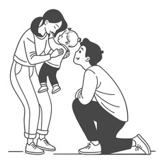 Happy Family Line Art Vector – Parents with Baby Illustration
