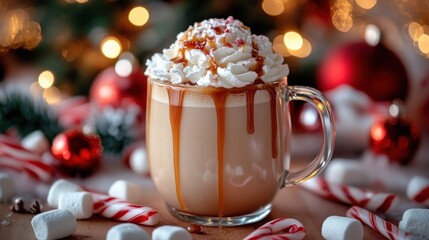 A festive glass mug of hot chocolate topped with whipped cream, caramel drizzle, and sprinkles, surrounded by candy canes, marshmallows, and Christmas decorations.