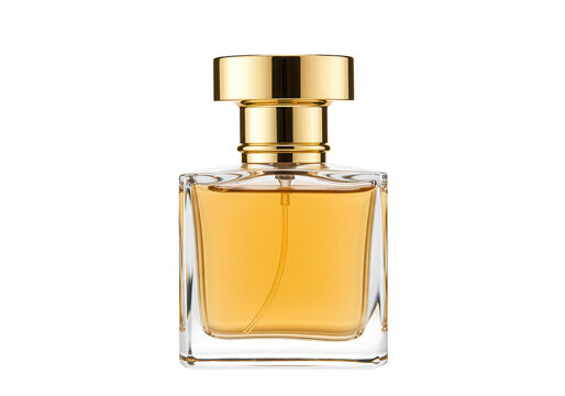 Elegant square glass perfume bottle with golden cap isolated on transparent background