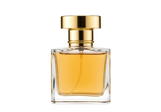 Elegant square glass perfume bottle with golden cap isolated on transparent background