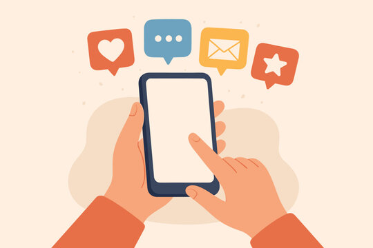 Social media interaction concept with hands holding smartphone, notification icons for like, message, email, comment, star, communication, mobile app interface illustration