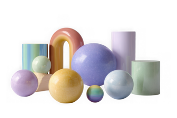 Collection of abstract geometric shapes in pastel hues isolated on transparent background