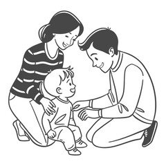 Parents with Child Line Art Vector – Happy Family Illustration
