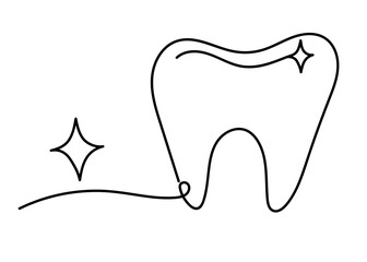 Tooth icon in continuous line drawing illustration. Dental teeth whitening. Outline icon vector.