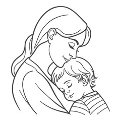 Mother Hugging Baby Line Art – Mom and Child Love Vector Illustration
