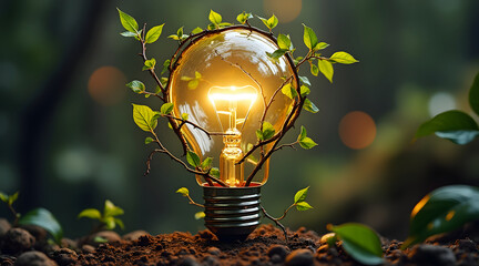 Glowing light bulb wrapped with green vine growing from soil symbolizing eco energy and sustainable innovation in nature