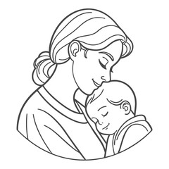 Mother Hugging Baby Line Art – Mom and Child Love Vector Illustration

