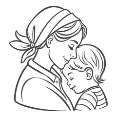 Mother and Baby Nose Touching – Line Art Mom and Child Vector Illustration
