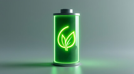 Eco battery with glowing green leaf symbol representing sustainable energy and environmental friendliness in modern design