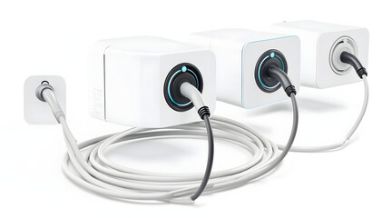 Electric car charging plug and station prototype with white casing and coiled cable on white background