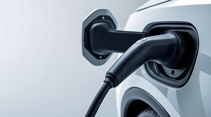 Electric car charging plug connected to white vehicle, showing modern technology and eco friendly transportation with sleek design and smooth