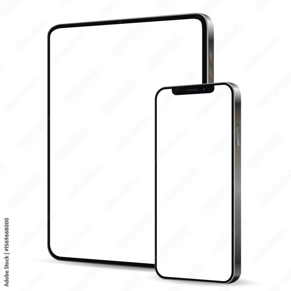 Poster tablet computer and smartphone mockup with blank screen isolated on white background