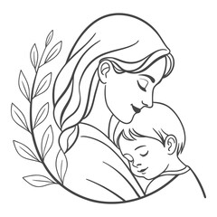 Mother Hugging Baby – Line Art Mom and Child with Leaves Vector Illustration
