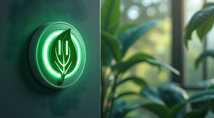 Leaf shaped power switch glowing green on wall with blurred plants and window background, symbolizing eco friendly energy concept