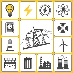 Electricity icon set with electromagnetic radiation, charger flow, lightning strike, static, induction, electric current and electromagnetic radiation.