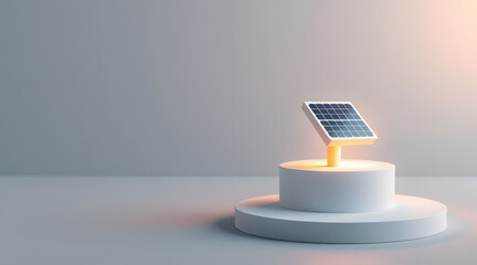Solar panel mini model on white pedestal with glowing light, clean background, energy concept, modern design, sustainable power