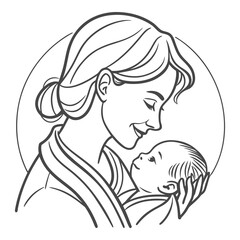 Mother Holding Newborn Baby – Loving Mom and Infant Line Art Vector
