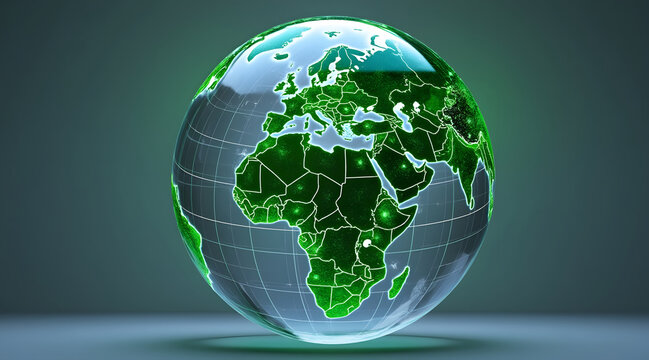 Transparent globe with green illuminated continents and country borders showing Europe, Africa, and Asia in futuristic style