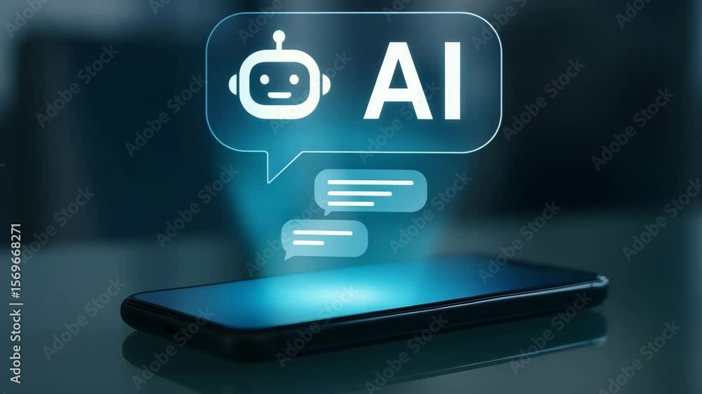 Poster a blue speech bubble with robot face and ai text floats above a dark smartphone. concept of mobile c