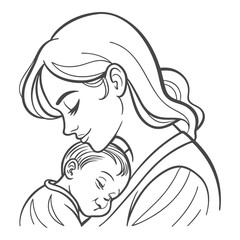 Mother Hugging Baby Line Art – Mom and Child Love Vector Illustration
