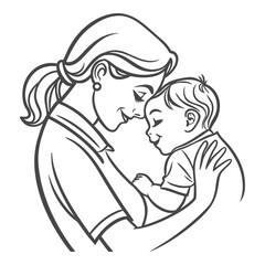 Mother and Baby Looking at Each Other – Loving Mom and Child Line Art Vector
