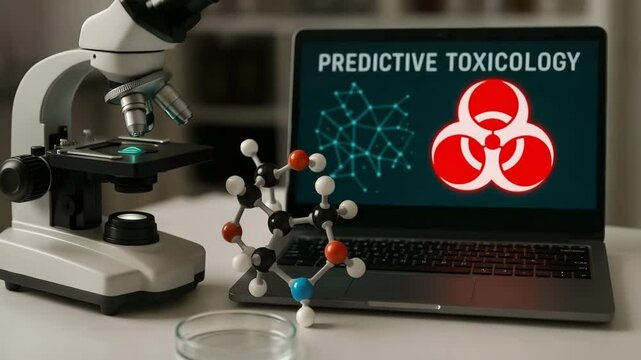 A microscope, molecular model and laptop display predictive toxicology with a biohazard sign. Concept of computational hazard analysis.