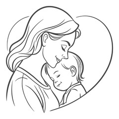 Mother and Baby with Heart – Loving Mom and Child Line Art Vector
