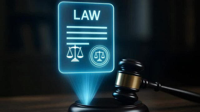 A bright legal tablet with scale icons rises from a judge&rsquo;s gavel on a wooden bench. Concept of digital law and justice.