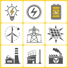 Electricity icon set with electromagnetic radiation, charger flow, lightning strike, static, induction, electric current and electromagnetic radiation.