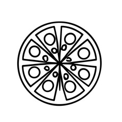 Simple line drawing of a pizza, sliced into eight pieces, showing cheese and olives.