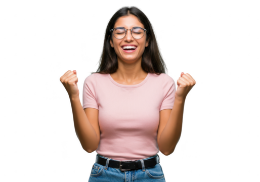 Young woman with glasses celebrating success with fists raised isolated on transparent background