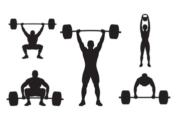 Silhouettes of athletes performing various weightlifting exercises with barbells and kettlebells