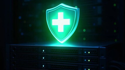 A bright green shield with a medical cross hovers over a dark server rack. Concept of healthcare data protection. - Powered by Adobe