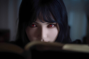 Vampire's gaze. Beautiful hypnotic red eyes of black-haired young woman, close up, selected focus.