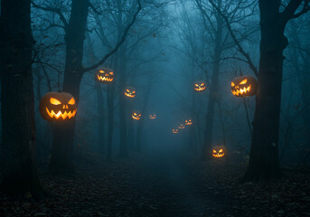 Foggy forest with glowing pumpkin lanterns at night