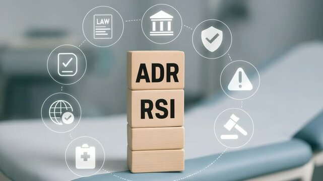Wooden blocks stacked with the letters adr and rsi stand amid floating medical and legal icons. Concept of pharmacovigilance and patient safety regulation.