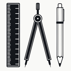 Ruler compass and pencil drawing tools isolated on white background