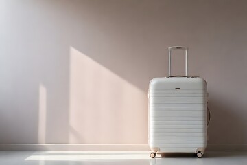 Minimalist Travel: White Suitcase Against a Light-Filled Wall, Ready for Adventure
