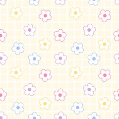 Cute pastel flower pattern with colorful doodle-style flowers on soft yellow grid background. Perfect for kids design, fabric, wallpaper, and stationery.
