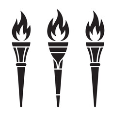 Three black silhouette torches with flames on a white background
